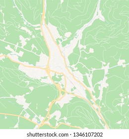 Printable map of Trofaiach, Austria with main and secondary roads and larger railways. This map is carefully designed for routing and placing individual data.