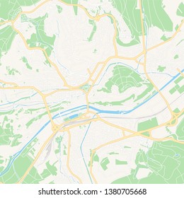 Printable map of Tubingen, Germany with main and secondary roads and larger railways. This map is carefully designed for routing and placing individual data.