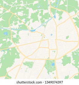 Printable map of Turnhout, Belgium with main and secondary roads and larger railways. This map is carefully designed for routing and placing individual data.