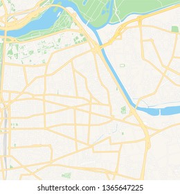 Printable map of Villeurbanne, France with main and secondary roads and larger railways. This map is carefully designed for routing and placing individual data.