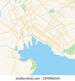 Printable map of Volos, Greece with main and secondary roads and larger railways. This map is carefully designed for routing and placing individual data.