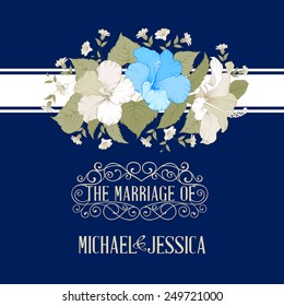 Printable marriage invitation with flowers over blue background. Vector illustration