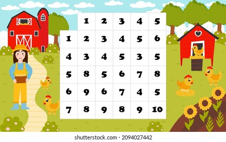 El laberinto de matemáticas impresas para los niños al estilo de las caricaturas con granjas y graneros, pollos, ayuda a encontrar la manera de henhouse