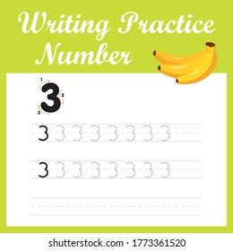 Printable math worksheet for kindergarten children to improve writing skills. Number three tracing practice worksheet with 3 bananas