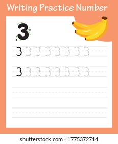 Printable math worksheet for kindergarten children to improve writing skills. Number three tracing practice worksheet with 3 bananas
