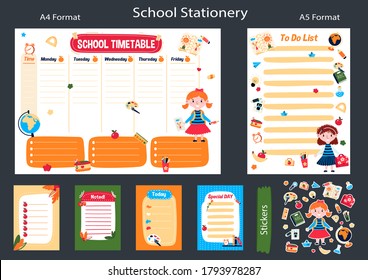 Printable Memo children stickers. Planner for week in English. Schedule Program after school and chore list. Cute Education classes plan. Notepad for children with School lessons timetable. To Do List