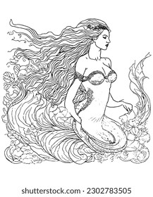 Printable Mermaid Coloring Page Beautiful Line Art Illustration for Adults and Kids