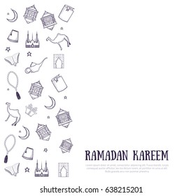 Printable minimalistic Ramadan Kareem greeting card vector illustration with arabic typography with sketch lantern, palace, moon