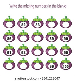 Printable missing number worksheet with Eggplant for kids, count and fill in numbers from 81 to 100, great for preschool math, number sequence training and fun educational activities. 8
