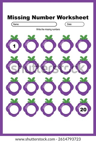 Printable missing number worksheet for kids with cute fruit rings, count and write numbers from 1 to 20, great for preschool math learning and early number practice