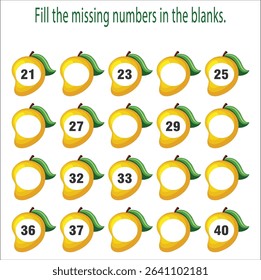 Printable missing number worksheet with mango for kids, count and fill in numbers from 21 to 40, great for preschool math activities, number recognition and classroom practice. 12