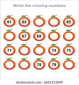 Printable missing number worksheet with orange for kids, count and fill in numbers from 61 to 80, great for preschool math, number sequence training and fun educational activities. 23