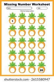 Printable missing number worksheet with pineapples for kids, count and fill in numbers from 1 to 20, great for preschool math activities, number recognition and classroom practice