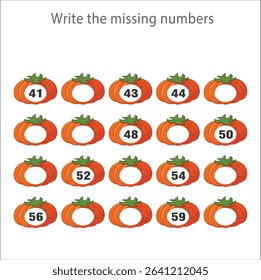 Printable missing number worksheet with pumpkin for kids, count and fill in numbers from 41 to 60, great for preschool math, number sequence training and fun educational activities. 23