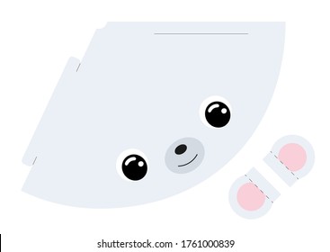 Printable mockup cap polar bear. Festive cone template for birthday, party, baby shower. Fun accessory for entertainment. Cardstock cap layout construction. Print and cut. Vector illustration.