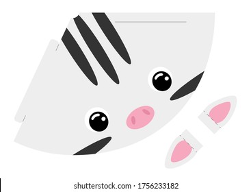Printable mockup cap zebra. Festive cone template for birthday, party, christmas, baby shower. Fun accessory for entertainment. Cardstock cap layout construction. Print and cut. Vector illustration.