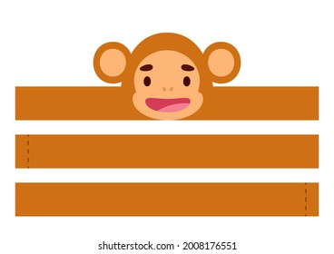 Printable monkey paper crown. Diy cut party ribbon template for birthday, christmas, baby shower. Fun accessory for entertainment. Print, cut and glue. Vector stock illustration.