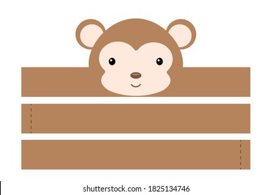 Printable monkey paper hat. Party crown die cut template for birthday, christmas, baby shower. Fun accessory for entertainment. Paper crown mock up isolated on white background. Print, cut and glue.