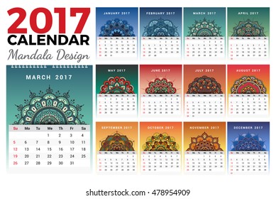 Printable monthly calendar 2017 design with colors of seasons and mehndi tattoo. 2017 wall calendar template start with Sunday and support for 8.5x11 inches. Vector illustration