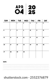 Printable Monthly Calendar Template for April 2025. Minimalist Style Calendar in Portrait Format. Week Starts on Sunday. Calendar Planner for 2025 year.