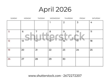 Printable Monthly Calendar template for April 2026. Week Starts on SUNDAY. Wall Calendar in a Minimalist Style. Simple and clean design. Ready to print. Vector illustration.
