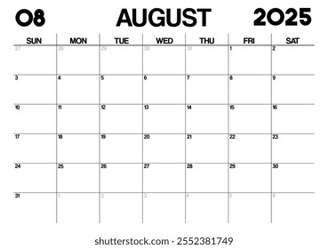 Plantilla de Calendario Mensual para agosto de 2025. Calendario de estilo minimalista en formato horizontal. La semana comienza el domingo. Calendario Planificador para el año 2025.