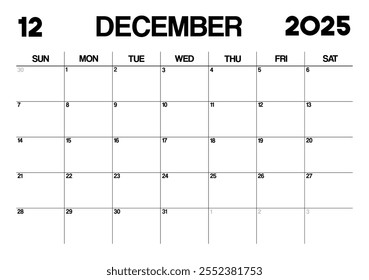 Printable Monthly Calendar Template for December 2025. Minimalist Style Calendar in Landscape Format. Week Starts on Sunday. Calendar Planner for 2025 year.