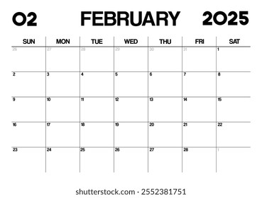 Printable Monthly Calendar Template for February 2025. Minimalist Style Calendar in Landscape Format. Week Starts on Sunday. Calendar Planner for 2025 year.