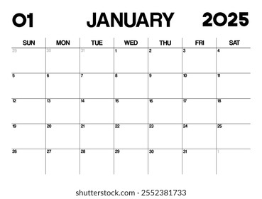 Printable Monthly Calendar Template for January 2025. Minimalist Style Calendar in Landscape Format. Week Starts on Sunday. Calendar Planner for 2025 year.