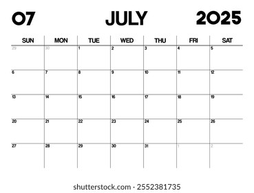 Printable Monthly Calendar Template for July 2025. Minimalist Style Calendar in Landscape Format. Week Starts on Sunday. Calendar Planner for 2025 year.