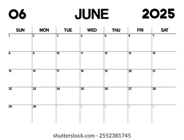 Plantilla de Calendario Mensual para junio de 2025. Calendario de estilo minimalista en formato horizontal. La semana comienza el domingo. Calendario Planificador para el año 2025.