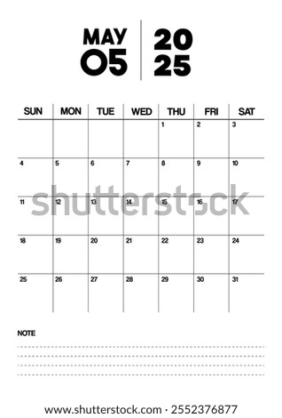 Printable Monthly Calendar Template for May 2025. Minimalist Style Calendar in Portrait Format. Week Starts on Sunday. Calendar Planner for 2025 year.