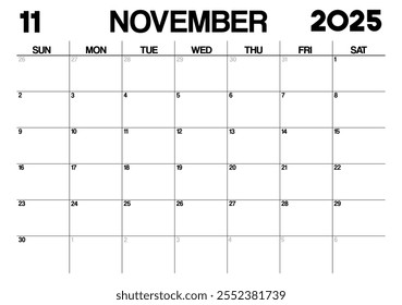 Printable Monthly Calendar Template for November 2025. Minimalist Style Calendar in Landscape Format. Week Starts on Sunday. Calendar Planner for 2025 year.