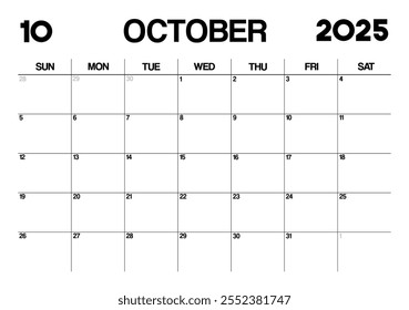 Printable Monthly Calendar Template for October 2025. Minimalist Style Calendar in Landscape Format. Week Starts on Sunday. Calendar Planner for 2025 year.