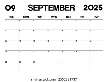 Plantilla de Calendario Mensual Imprimible para Septiembre 2025. Calendario de estilo minimalista en formato horizontal. La semana comienza el domingo. Calendario Planificador para el año 2025.