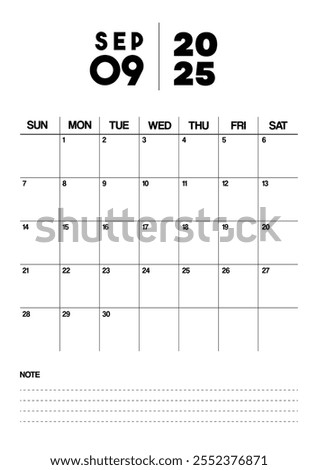 Printable Monthly Calendar Template for September 2025. Minimalist Style Calendar in Portrait Format. Week Starts on Sunday. Calendar Planner for 2025 year.