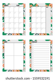 Printable monthly planner diary and note blank with to do list on flower background