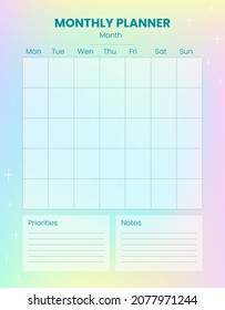 Printable Monthly planner, organizer. Hand-drawn notes, to do list. Time management planning sheets for a month. Pre-made stationery organizers. Gradient Aesthetic, elegant vibrant background
