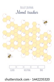 Printable mood tracker with colored and numbered honeycombs. Bullet journal ready to print vector illustration for 31 day of a month. B series paper aspect ratio. Also applicable for A paper series.