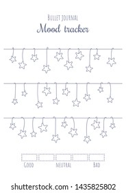 Printable mood tracker with hanging stars. Bullet journal ready to print vector illustration for 31 day of a month. B series paper aspect ratio. Also applicable for A paper series.