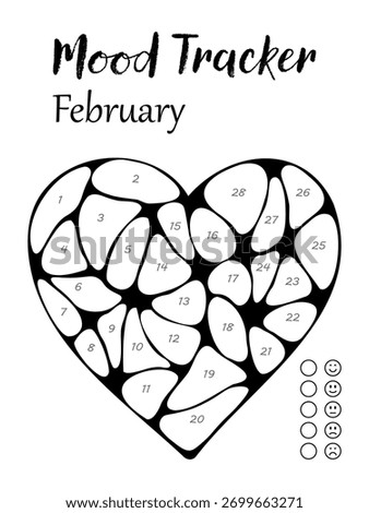 Printable mood tracker for month  february. Tracker with heart for tracking your daily mood for  february days. Digital planner for Valentines day
