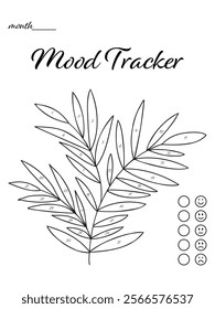 Printable mood tracker for month. Tracker with hand drawn branch with leaves for tracking your daily mood for 31 days. Digital planner