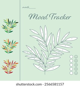 Printable mood tracker for month. Tracker with hand drawn branch with leaves for tracking your daily mood for 31 days. Digital planner. 