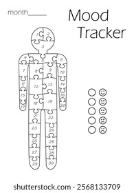 Printable mood tracker for month. Tracker with human shaped puzzles for tracking your daily mood for 30 days. Digital planner. 