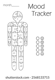 Printable mood tracker for month. Tracker with human shaped puzzles for tracking your daily mood for 28 days. Digital planner. 