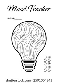 Printable mood tracker for month. Tracker with  lightbulb for tracking your daily mood for 31 days. Digital planner.