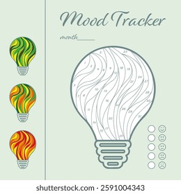 Printable mood tracker for month. Tracker with  lightbulb for tracking your daily mood for 31 days. Digital planner.