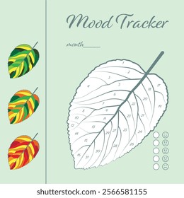 Printable mood tracker for month. Tracker with tree leaf for tracking your daily mood for 31 days. Digital planner. 