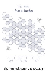 Printable mood tracker with uncolored and numbered honeycombs. Bullet journal ready to print vector illustration for 31 day of a month. B series paper aspect ratio. Also applicable for A paper series.