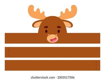 Printable moose paper crown. Diy cut party ribbon template for birthday, christmas, baby shower. Fun accessory for entertainment. Print, cut and glue. Vector stock illustration.